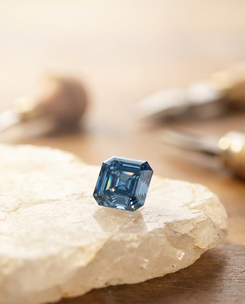 Macro study of a natural fancy-blue diamond — editorial imagery of the colour family we source